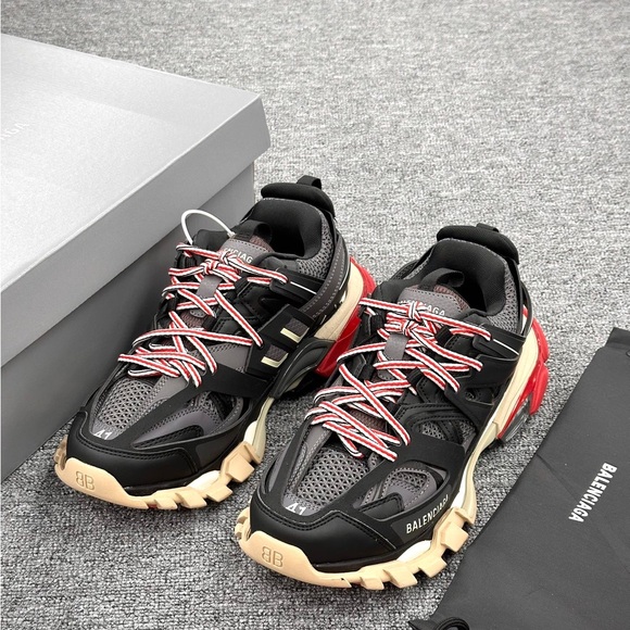 Balenciaga Other - Balenciaga Black, Red & Beige Track Leather Mesh Sneakers